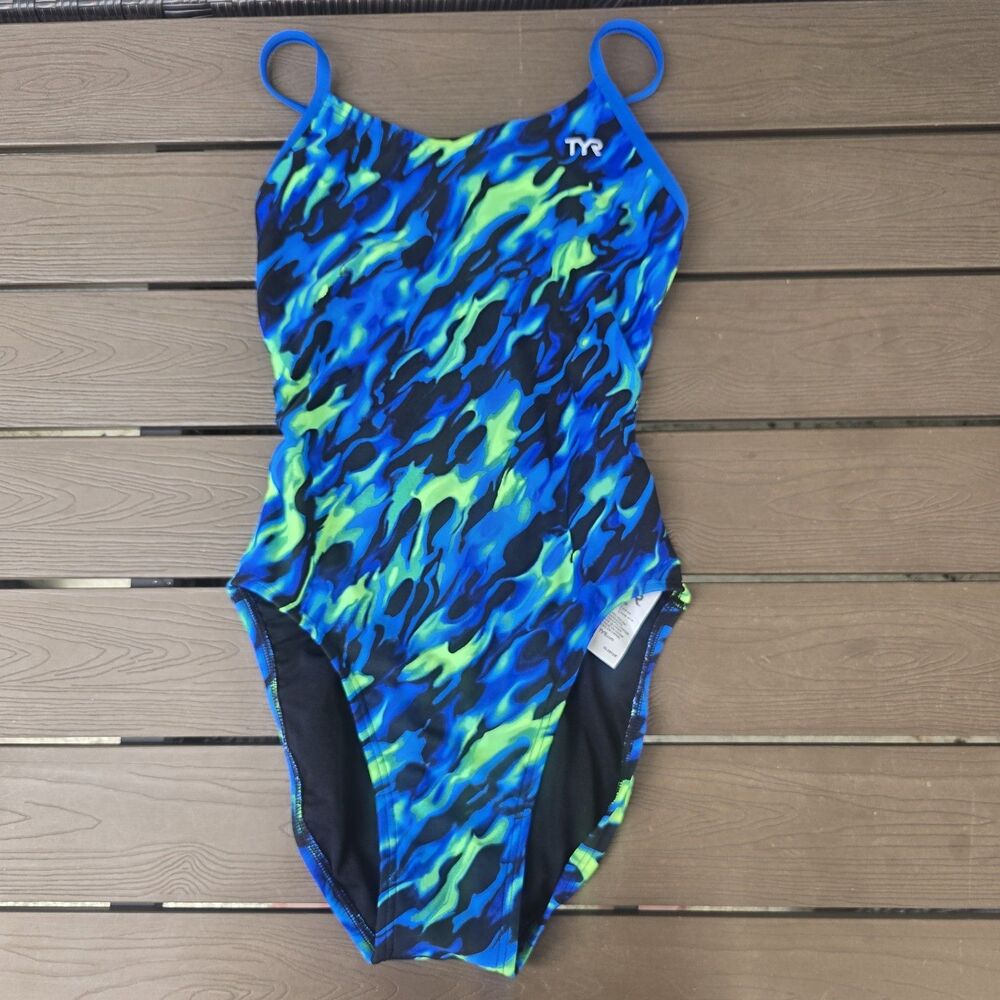 TYR Durafast Elite Women's Draco Blue/Green Cutoutfit 1 Piece Swim Sz 30 New